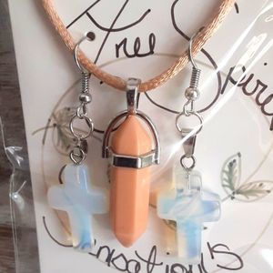 Nude Crucifix Earrings 2in. & Necklace set charm & stone 1 1/2 in!
